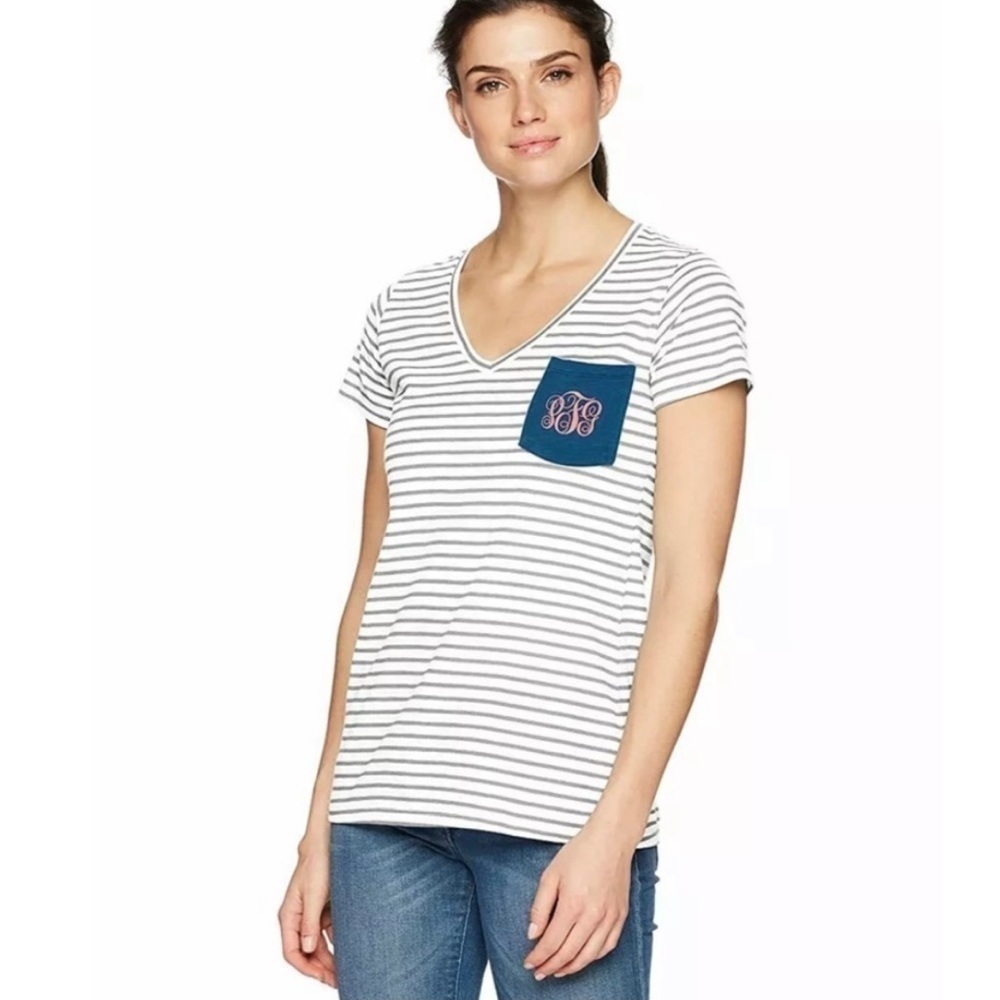 COLUMBIA PFG T Shirt Monogram Stripe Pocket Short Sleeve Stripe V Neck Large